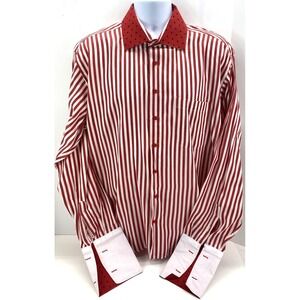 Karl Knox Mens Size 17 1/2 Single Needle Tailoring Shirt Red Stripe Flip Cuff